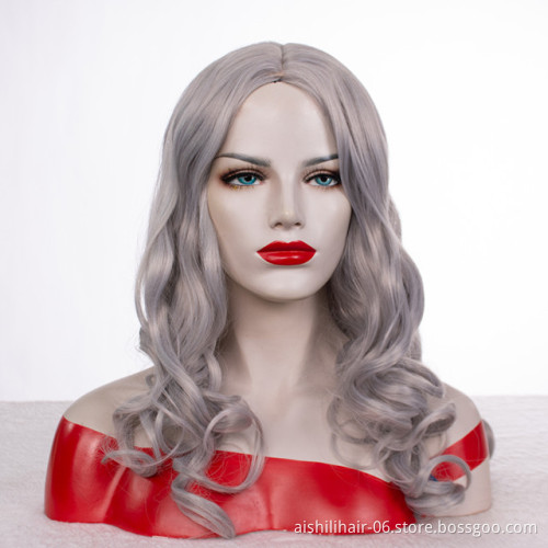 Wholesale heat resistant long  silvery with gray color  water wave wig  synthetic hair wig for women